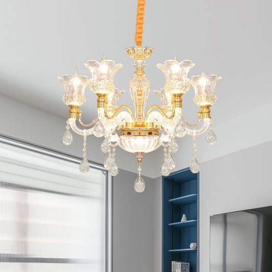 Blossom Clear Glass Ceiling Lamp Modern 6 Bulbs Bedroom Chandelier in Gold with Crystal Drop Clearhalo 'Ceiling Lights' 'Chandeliers' 'Modern Chandeliers' 'Modern' Lighting' 886595