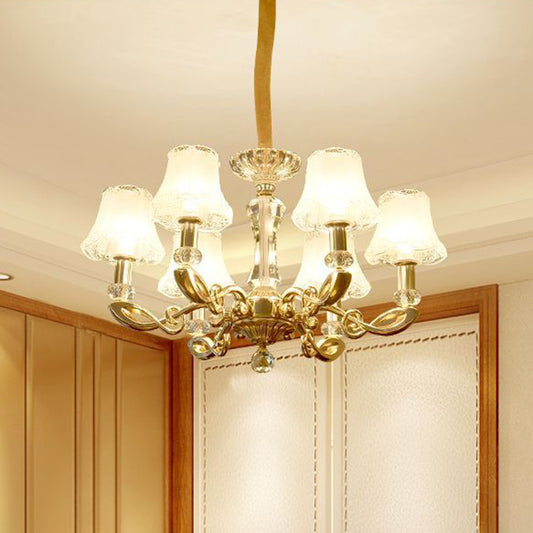 Milky Glass Bell Suspension Lamp Modern 6 Heads Dining Room Chandelier with Crystal Accent in Gold Gold Clearhalo 'Ceiling Lights' 'Chandeliers' 'Modern Chandeliers' 'Modern' Lighting' 886598