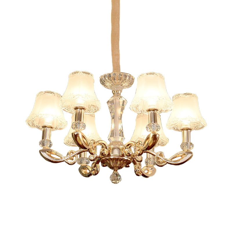 Milky Glass Bell Suspension Lamp Modern 6 Heads Dining Room Chandelier with Crystal Accent in Gold Clearhalo 'Ceiling Lights' 'Chandeliers' 'Modern Chandeliers' 'Modern' Lighting' 886599
