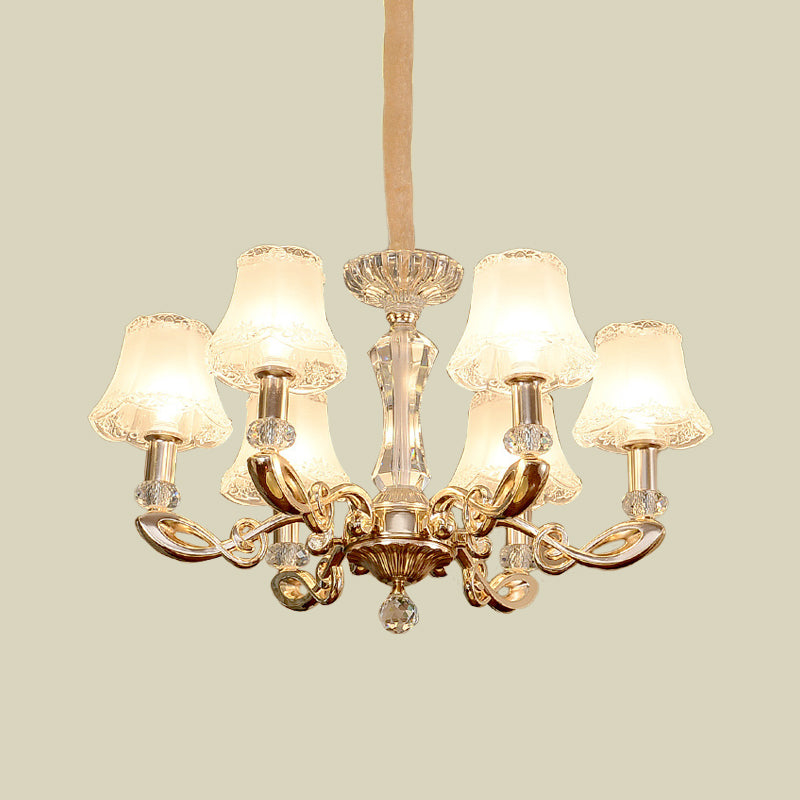 Milky Glass Bell Suspension Lamp Modern 6 Heads Dining Room Chandelier with Crystal Accent in Gold Clearhalo 'Ceiling Lights' 'Chandeliers' 'Modern Chandeliers' 'Modern' Lighting' 886600