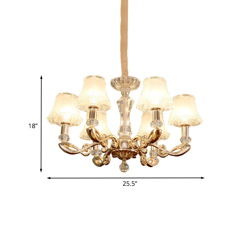 Milky Glass Bell Suspension Lamp Modern 6 Heads Dining Room Chandelier with Crystal Accent in Gold Clearhalo 'Ceiling Lights' 'Chandeliers' 'Modern Chandeliers' 'Modern' Lighting' 886601