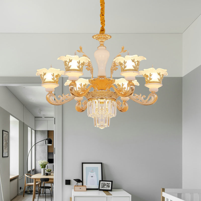 Postmodern Blossom Pendant 6 Lights Carved Cream Glass Chandelier in Gold with Crystal Accent Gold Clearhalo 'Ceiling Lights' 'Chandeliers' 'Modern Chandeliers' 'Modern' Lighting' 886606
