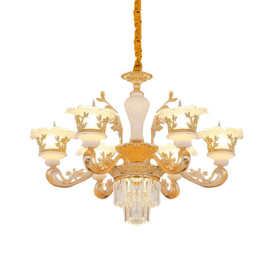 Postmodern Blossom Pendant 6 Lights Carved Cream Glass Chandelier in Gold with Crystal Accent Clearhalo 'Ceiling Lights' 'Chandeliers' 'Modern Chandeliers' 'Modern' Lighting' 886607