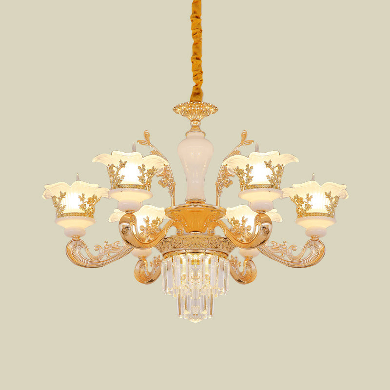 Postmodern Blossom Pendant 6 Lights Carved Cream Glass Chandelier in Gold with Crystal Accent Clearhalo 'Ceiling Lights' 'Chandeliers' 'Modern Chandeliers' 'Modern' Lighting' 886608