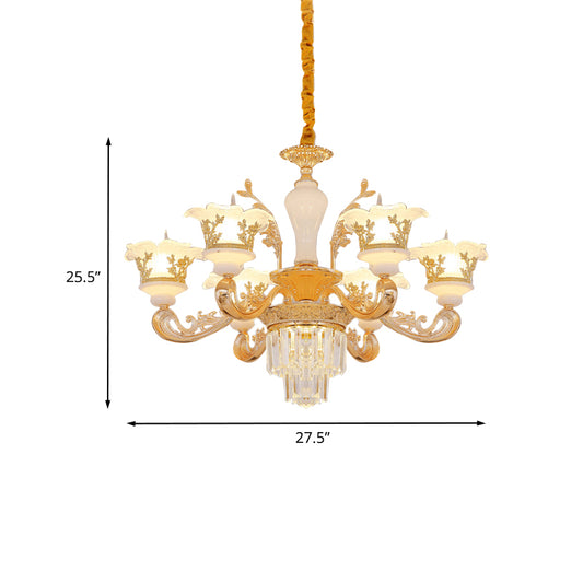 Postmodern Blossom Pendant 6 Lights Carved Cream Glass Chandelier in Gold with Crystal Accent Clearhalo 'Ceiling Lights' 'Chandeliers' 'Modern Chandeliers' 'Modern' Lighting' 886609