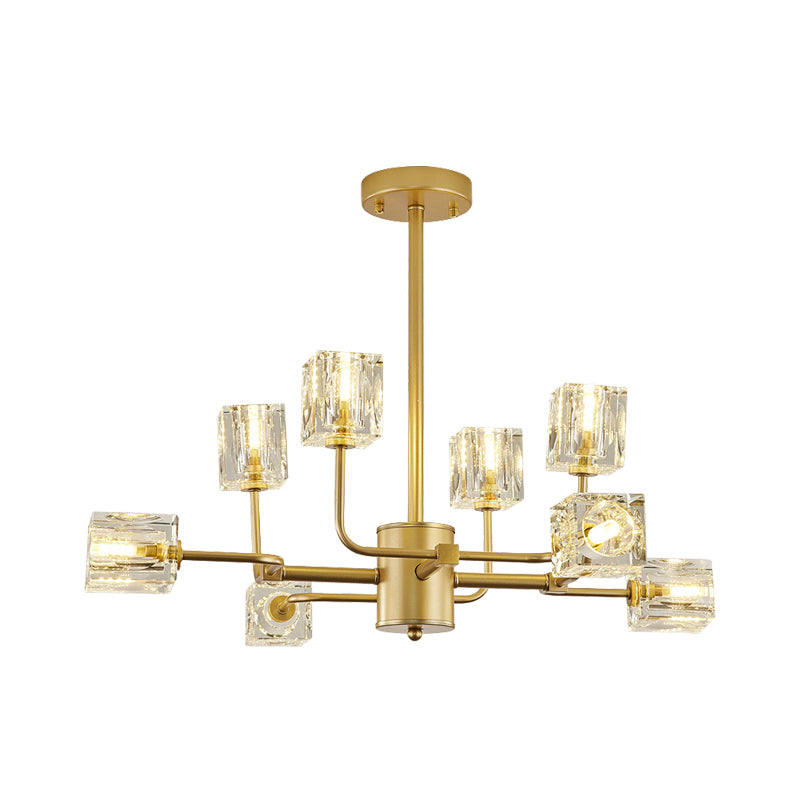 8-Light Chandelier Lamp Simple Cubic Clear Crystal Block Ceiling Hang Fixture in Gold Clearhalo 'Ceiling Lights' 'Close To Ceiling Lights' 'Close to ceiling' 'Semi-flushmount' Lighting' 886611
