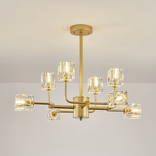 8-Light Chandelier Lamp Simple Cubic Clear Crystal Block Ceiling Hang Fixture in Gold Clearhalo 'Ceiling Lights' 'Close To Ceiling Lights' 'Close to ceiling' 'Semi-flushmount' Lighting' 886612