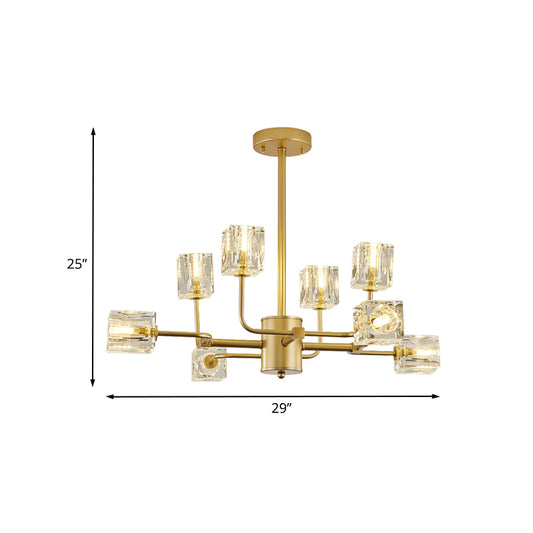 8-Light Chandelier Lamp Simple Cubic Clear Crystal Block Ceiling Hang Fixture in Gold Clearhalo 'Ceiling Lights' 'Close To Ceiling Lights' 'Close to ceiling' 'Semi-flushmount' Lighting' 886613