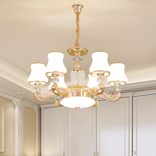 6-Head Milk Glass Hanging Chandelier Modern Gold Carved Arm Bedroom Crystal Pendant Gold Clearhalo 'Ceiling Lights' 'Chandeliers' 'Modern Chandeliers' 'Modern' Lighting' 886618