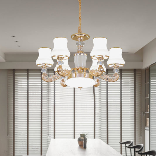 6-Head Milk Glass Hanging Chandelier Modern Gold Carved Arm Bedroom Crystal Pendant Clearhalo 'Ceiling Lights' 'Chandeliers' 'Modern Chandeliers' 'Modern' Lighting' 886619