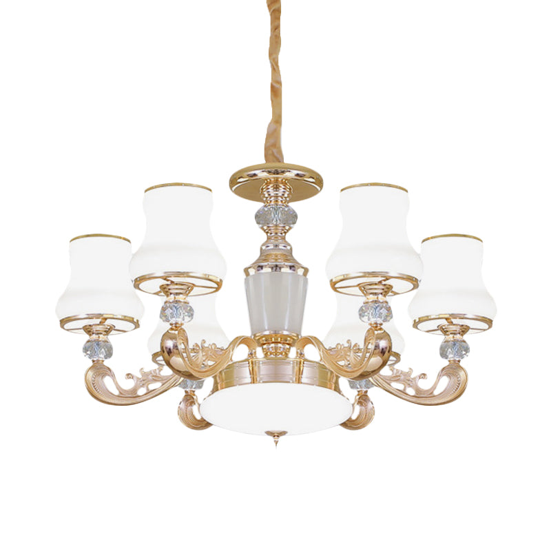 6-Head Milk Glass Hanging Chandelier Modern Gold Carved Arm Bedroom Crystal Pendant Clearhalo 'Ceiling Lights' 'Chandeliers' 'Modern Chandeliers' 'Modern' Lighting' 886620