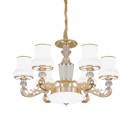6-Head Milk Glass Hanging Chandelier Modern Gold Carved Arm Bedroom Crystal Pendant Clearhalo 'Ceiling Lights' 'Chandeliers' 'Modern Chandeliers' 'Modern' Lighting' 886620
