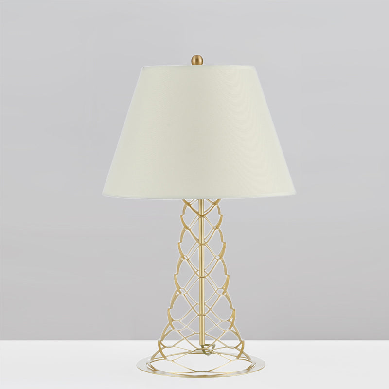 Fabric Cone Shade Nightstand Light Modernism 1-Head White Table Lamp with Tower Gold Frame Base Clearhalo 'Lamps' 'Table Lamps' Lighting' 886631