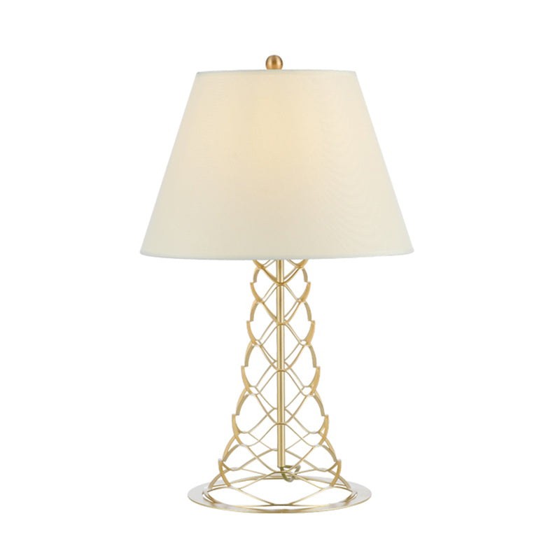 Fabric Cone Shade Nightstand Light Modernism 1-Head White Table Lamp with Tower Gold Frame Base Clearhalo 'Lamps' 'Table Lamps' Lighting' 886632