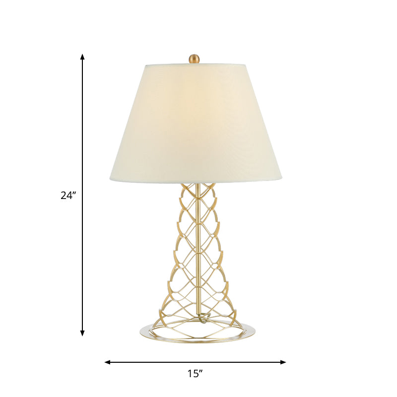 Fabric Cone Shade Nightstand Light Modernism 1-Head White Table Lamp with Tower Gold Frame Base Clearhalo 'Lamps' 'Table Lamps' Lighting' 886633
