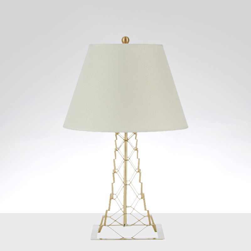 Tower-Like Frame Table Lighting Modern Metal 1-Bulb Gold Finish Night Lamp with Conic White Fabric Shade Clearhalo 'Lamps' 'Table Lamps' Lighting' 886635