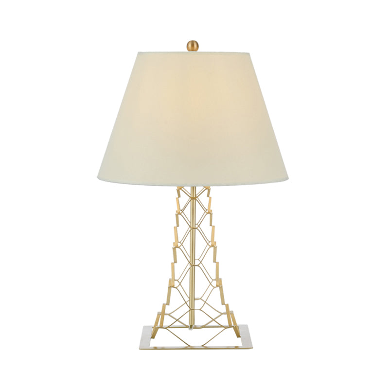 Tower-Like Frame Table Lighting Modern Metal 1-Bulb Gold Finish Night Lamp with Conic White Fabric Shade Clearhalo 'Lamps' 'Table Lamps' Lighting' 886636
