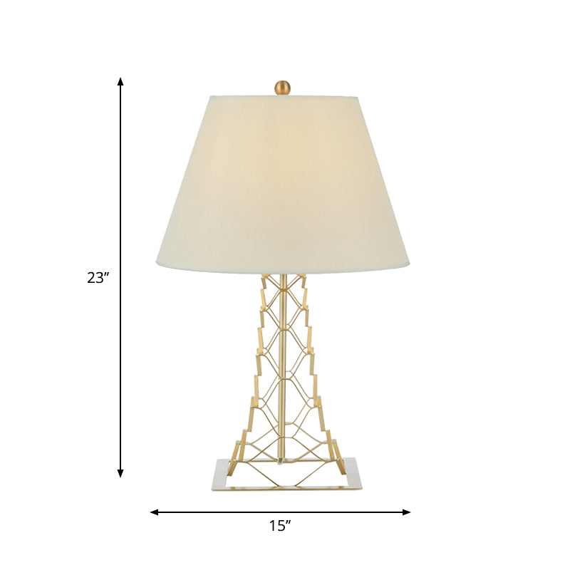 Tower-Like Frame Table Lighting Modern Metal 1-Bulb Gold Finish Night Lamp with Conic White Fabric Shade Clearhalo 'Lamps' 'Table Lamps' Lighting' 886637