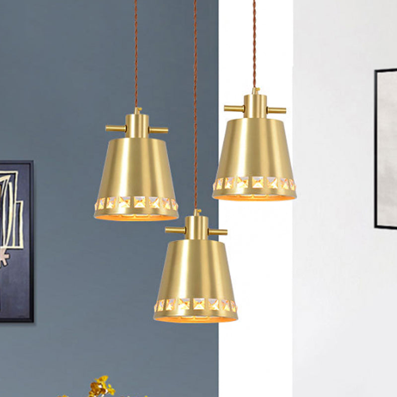 Metal Conical Down Lighting Post Modern 1 Head Brass Pendant with Crystal Embedded Edge Design Clearhalo 'Ceiling Lights' 'Modern Pendants' 'Modern' 'Pendant Lights' 'Pendants' Lighting' 886642