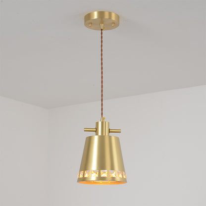 Metal Conical Down Lighting Post Modern 1 Head Brass Pendant with Crystal Embedded Edge Design Brass Clearhalo 'Ceiling Lights' 'Modern Pendants' 'Modern' 'Pendant Lights' 'Pendants' Lighting' 886643