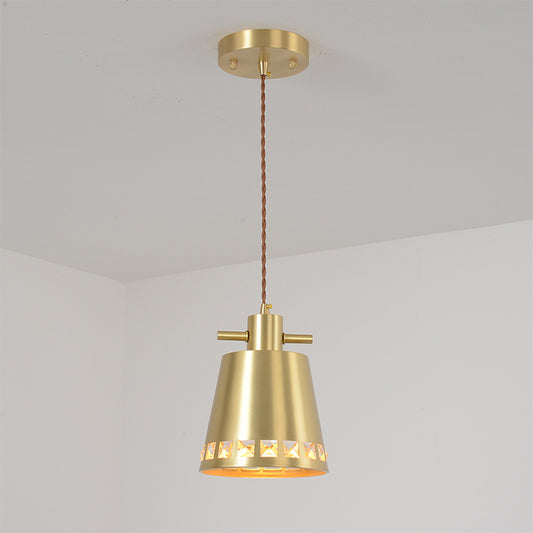 Metal Conical Down Lighting Post Modern 1 Head Brass Pendant with Crystal Embedded Edge Design Brass Clearhalo 'Ceiling Lights' 'Modern Pendants' 'Modern' 'Pendant Lights' 'Pendants' Lighting' 886643