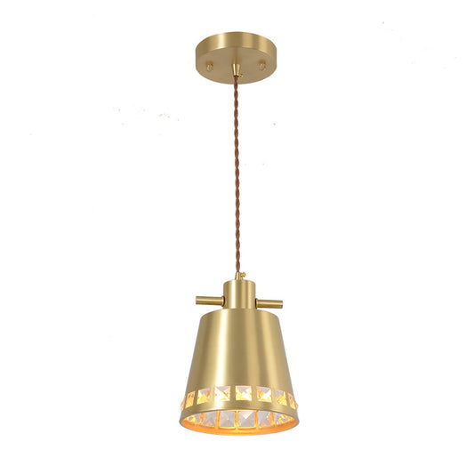 Metal Conical Down Lighting Post Modern 1 Head Brass Pendant with Crystal Embedded Edge Design Clearhalo 'Ceiling Lights' 'Modern Pendants' 'Modern' 'Pendant Lights' 'Pendants' Lighting' 886644