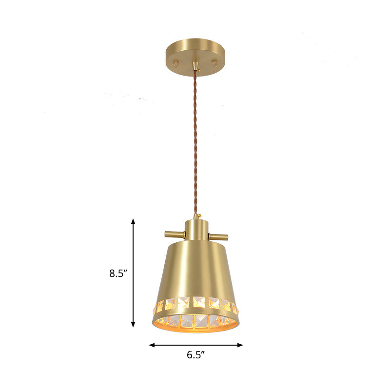 Metal Conical Down Lighting Post Modern 1 Head Brass Pendant with Crystal Embedded Edge Design Clearhalo 'Ceiling Lights' 'Modern Pendants' 'Modern' 'Pendant Lights' 'Pendants' Lighting' 886645