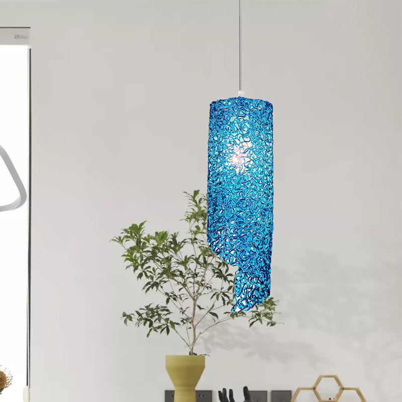 Silver/Brown/Blue Finish Cylinder Hanging Light Contemporary 1-Light Aluminum Wire Pendant Ceiling Lamp Blue Clearhalo 'Ceiling Lights' 'Modern Pendants' 'Modern' 'Pendant Lights' 'Pendants' Lighting' 886650