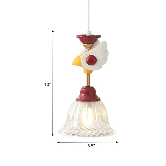 Bell Clear Glass Drop Lamp Cartoon 1-Head Red Down Lighting Pendant with Globe/Bird Design for Bedroom Clearhalo 'Ceiling Lights' 'Close To Ceiling Lights' 'Glass shade' 'Glass' 'Pendant Lights' 'Pendants' Lighting' 886770