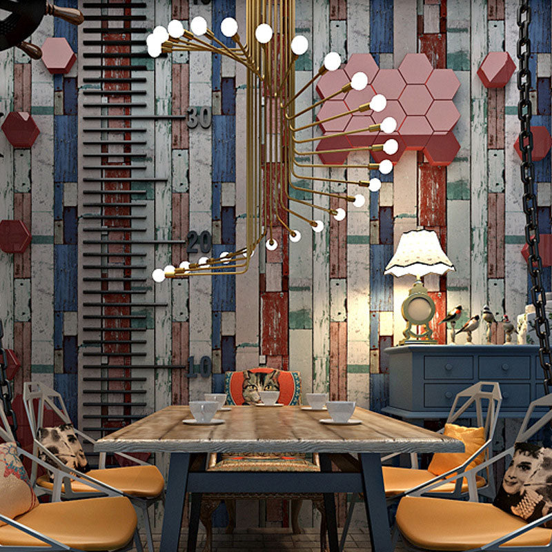 Multi-Colored Faux Wood Wallpaper PVC Decorative Wall Covering, 20.5 in x 31 ft Blue-Orange Clearhalo 'Country wall decor' 'Rustic' 'Wallpaper' Wall Decor' 887303