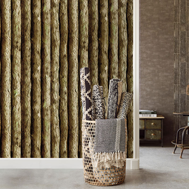 Bar and Dining Room Wallpaper with Dark Green Faux Wood, 29.1 sq ft., Peel and Stick Clearhalo 'Country wall decor' 'Rustic' 'Wallpaper' Wall Decor' 887489