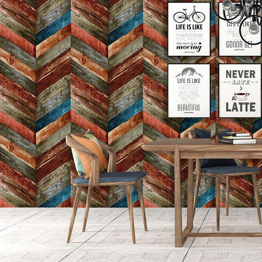 Vinyl Wallpaper with Wood of Chevron Design, Multi-Colored, 29.1 sq ft., Peel and Stick Red-Blue Clearhalo 'Country wall decor' 'Rustic' 'Wallpaper' Wall Decor' 887505