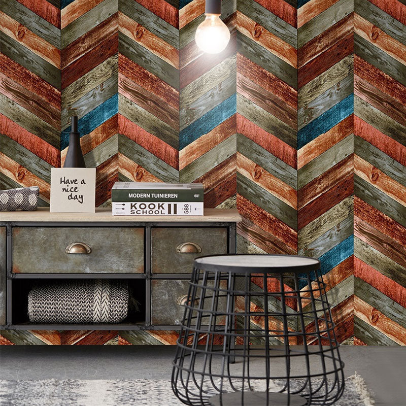 Vinyl Wallpaper with Wood of Chevron Design, Multi-Colored, 29.1 sq ft., Peel and Stick Clearhalo 'Country wall decor' 'Rustic' 'Wallpaper' Wall Decor' 887507