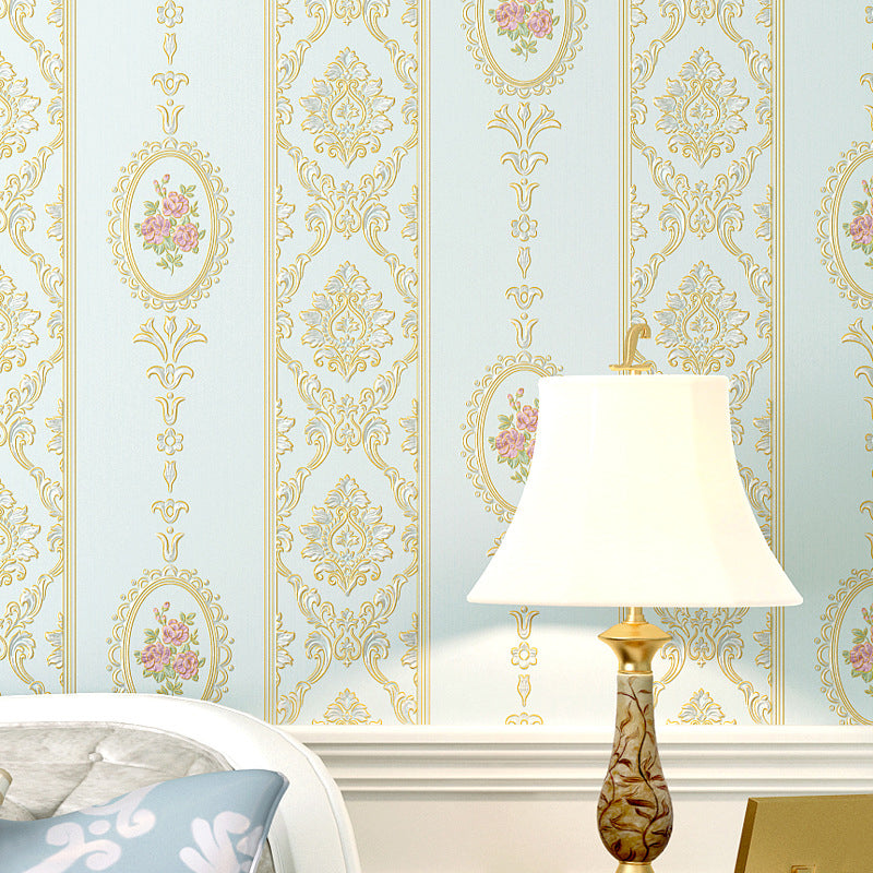 Romantic Flower Design Wallpaper Non-Woven Decorative Vertical Stripe Wall Covering, 20.5"W x 31'L Light Blue Clearhalo 'Vintage wall decor' 'Vintage' 'Wallpaper' Wall Decor' 887636