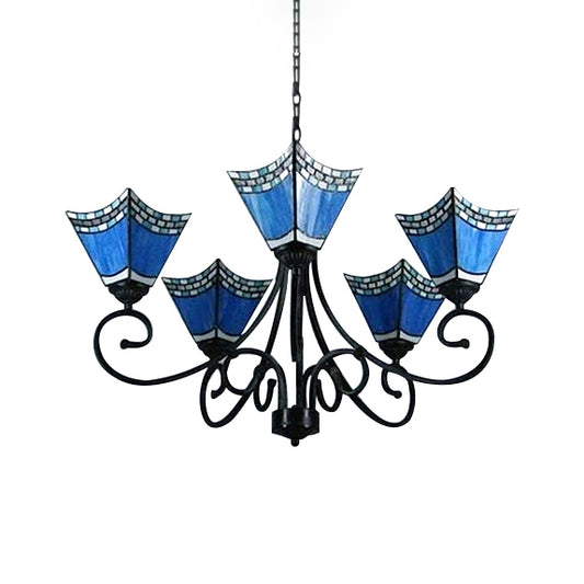 5 Lights Trapezoid Chandelier Lighting Blue Glass Nautical Pendant Light for Living Room Clearhalo 'Ceiling Lights' 'Chandeliers' 'Close To Ceiling Lights' 'Industrial' 'Middle Century Chandeliers' 'Tiffany Chandeliers' 'Tiffany close to ceiling' 'Tiffany' Lighting' 88778