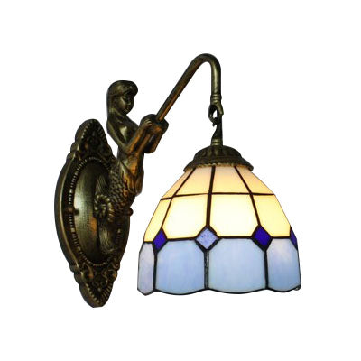 1 Head Wall Mount Light Tiffany Grid Patterned White and Blue Glass Sconce Light Fixture Clearhalo 'Industrial' 'Middle century wall lights' 'Tiffany wall lights' 'Tiffany' 'Wall Lamps & Sconces' 'Wall Lights' Lighting' 88786