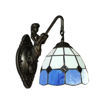 1 Head Wall Mount Light Tiffany Grid Patterned White and Blue Glass Sconce Light Fixture Clearhalo 'Industrial' 'Middle century wall lights' 'Tiffany wall lights' 'Tiffany' 'Wall Lamps & Sconces' 'Wall Lights' Lighting' 88787
