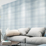 Non-Woven Fabric Wallpaper with Blue and White Grid and Line, Non-Pasted Light Blue
