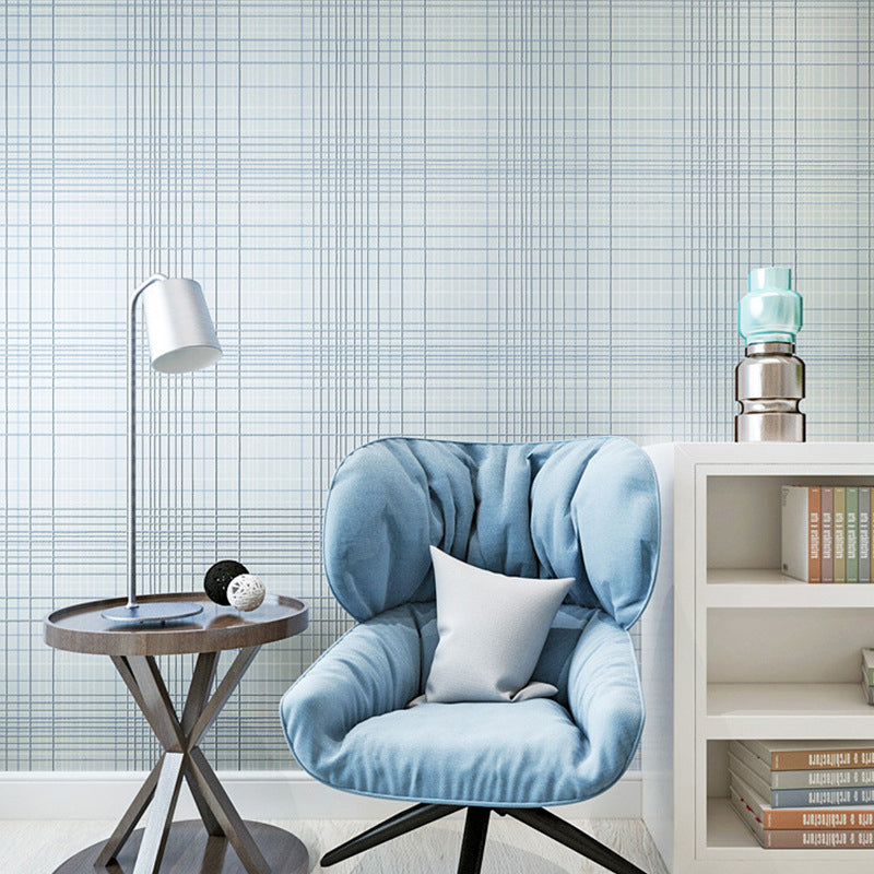 Non-Woven Fabric Wallpaper with Blue and White Grid and Line, Non-Pasted Clearhalo 'Modern wall decor' 'Modern' 'Wallpaper' Wall Decor' 887912
