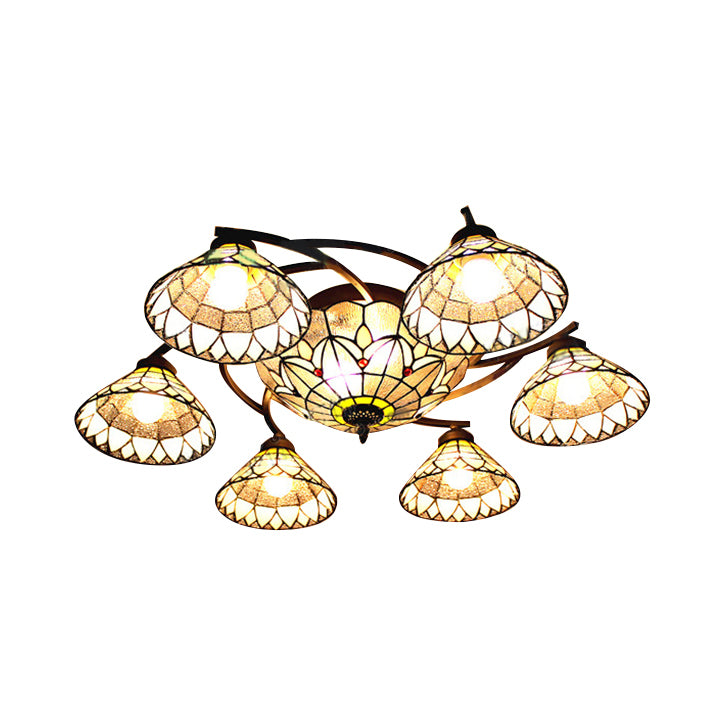 Bell Semi Flush Light Tiffany Loft Stained Glass Multi Light Semi Flush Mount for Living Room Silver Clearhalo 'Ceiling Lights' 'Close To Ceiling Lights' 'Close to ceiling' 'Glass shade' 'Glass' 'Semi-flushmount' 'Tiffany close to ceiling' 'Tiffany' Lighting' 88792