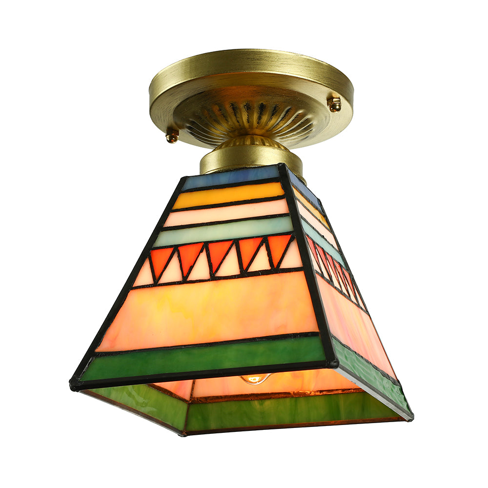 Trapezoid Mini Flush Mount Light Mission Style Stained Glass 1 Light Flush Ceiling Light in Brushed Brass Brushed Brass Clearhalo 'Ceiling Lights' 'Close To Ceiling Lights' 'Close to ceiling' 'Glass shade' 'Glass' 'Semi-flushmount' 'Tiffany close to ceiling' 'Tiffany' Lighting' 88802