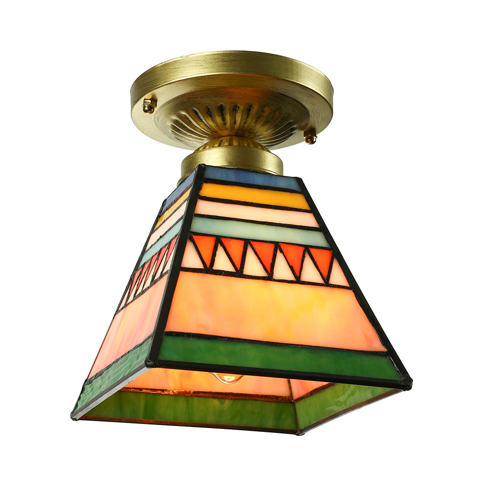 Trapezoid Mini Flush Mount Light Mission Style Stained Glass 1 Light Flush Ceiling Light in Brushed Brass Clearhalo 'Ceiling Lights' 'Close To Ceiling Lights' 'Close to ceiling' 'Glass shade' 'Glass' 'Semi-flushmount' 'Tiffany close to ceiling' 'Tiffany' Lighting' 88803