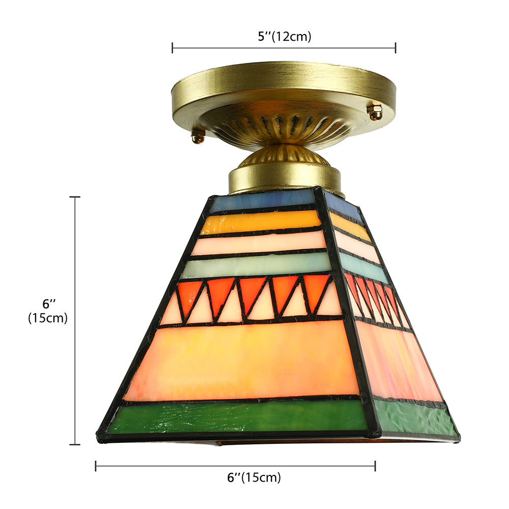 Trapezoid Mini Flush Mount Light Mission Style Stained Glass 1 Light Flush Ceiling Light in Brushed Brass Clearhalo 'Ceiling Lights' 'Close To Ceiling Lights' 'Close to ceiling' 'Glass shade' 'Glass' 'Semi-flushmount' 'Tiffany close to ceiling' 'Tiffany' Lighting' 88804