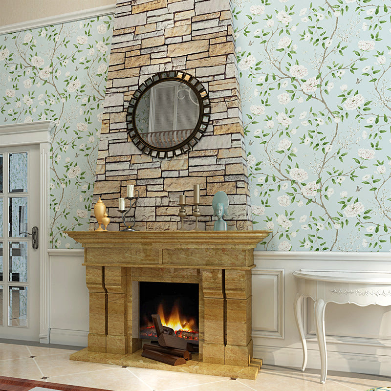 Grass Green Flowers and Trees and Leaves 33-foot x 20.5-inch Non-Pasted Decorative Wallpaper Light Blue Clearhalo 'Country wall decor' 'Rustic' 'Wallpaper' Wall Decor' 888074