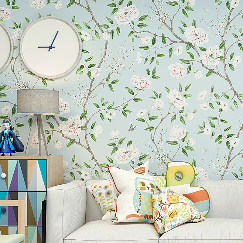 Grass Green Flowers and Trees and Leaves 33-foot x 20.5-inch Non-Pasted Decorative Wallpaper Clearhalo 'Country wall decor' 'Rustic' 'Wallpaper' Wall Decor' 888076