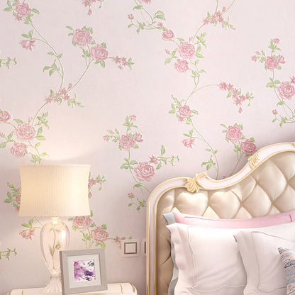 Girly Roses and Dense Flower Patterns Stain-Resistant Non-Pasted Wallpaper, 31'L x 21"W Light Pink Clearhalo 'Country wall decor' 'Rustic' 'Wallpaper' Wall Decor' 888090