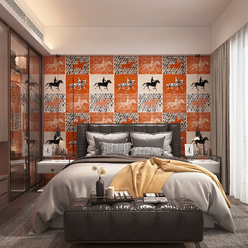 Retro and Nordic Horse-Riding Wallpaper Non-Woven 20.5 in x 31 ft Non-Pasted Orange Clearhalo 'Vintage wall decor' 'Vintage' 'Wallpaper' Wall Decor' 888141