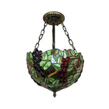 3 Lights Bowl Ceiling Lighting with Fruit Rustic Stained Glass Semi Flush Light in Green Clearhalo 'Ceiling Lights' 'Close To Ceiling Lights' 'Close to ceiling' 'Glass shade' 'Glass' 'Semi-flushmount' 'Tiffany close to ceiling' 'Tiffany' Lighting' 88816