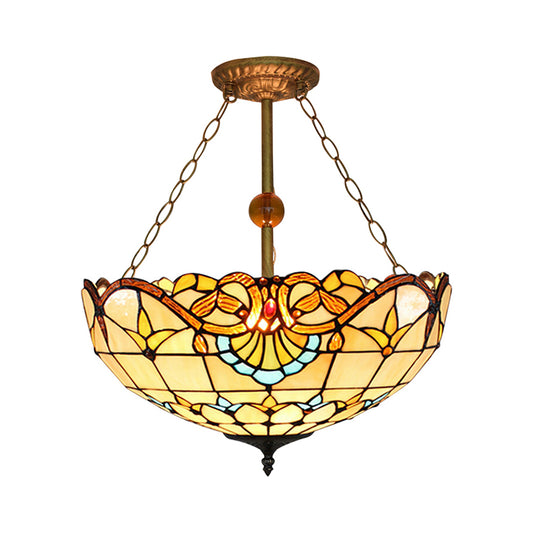 Baroque Bowl Semi Flush Mount Light Stained Glass 3 Lights Semi Flush Light in Brass Clearhalo 'Ceiling Lights' 'Close To Ceiling Lights' 'Close to ceiling' 'Glass shade' 'Glass' 'Pendant Lights' 'Semi-flushmount' 'Tiffany close to ceiling' 'Tiffany' Lighting' 88818