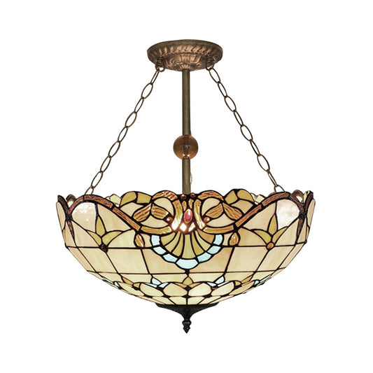 Baroque Bowl Semi Flush Mount Light Stained Glass 3 Lights Semi Flush Light in Brass Clearhalo 'Ceiling Lights' 'Close To Ceiling Lights' 'Close to ceiling' 'Glass shade' 'Glass' 'Pendant Lights' 'Semi-flushmount' 'Tiffany close to ceiling' 'Tiffany' Lighting' 88819